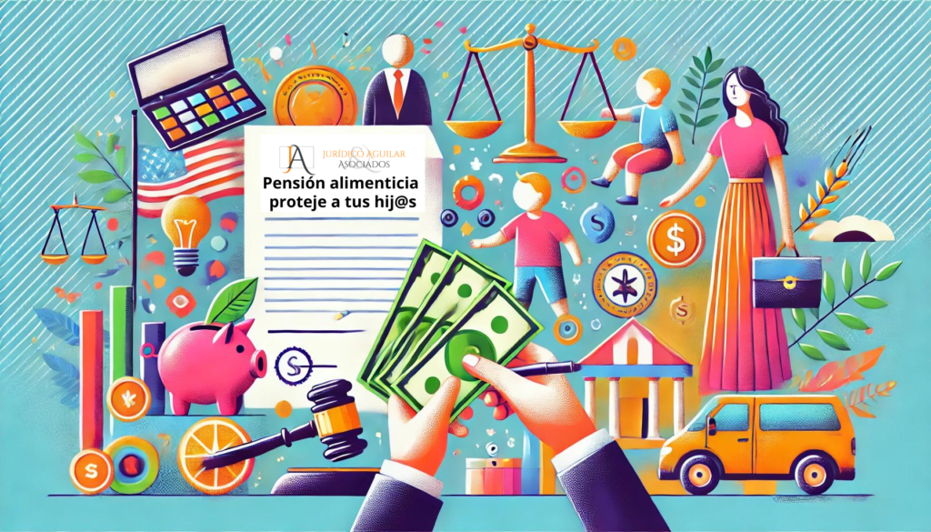 Elementos de pensión alimenticia incluyendo dinero, balanza de justicia, familia y documentos, representando la responsabilidad financiera del trabajo informal