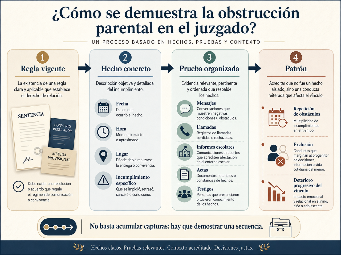 Infografía sobre cómo demostrar la obstrucción parental mediante una regla vigente, un hecho concreto, pruebas organizadas y la acreditación de un patrón reiterado