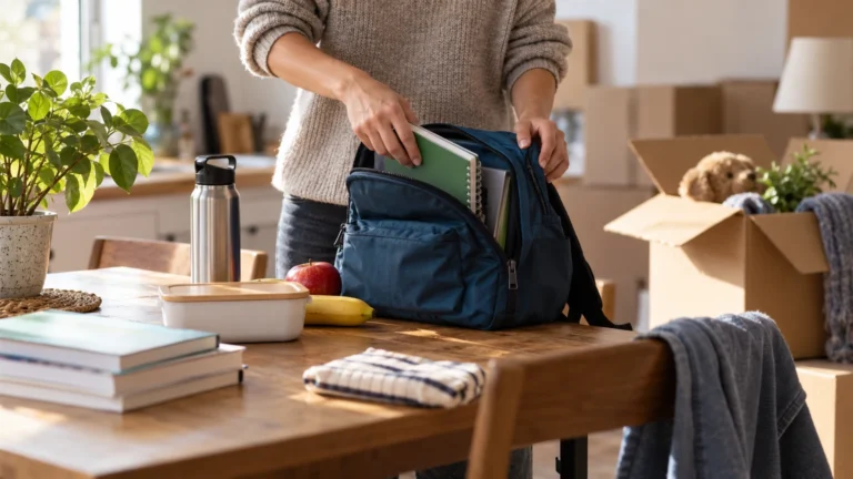 Una persona prepara una mochila escolar sobre una mesa de cocina, junto a una caja de mudanza parcialmente abierta.