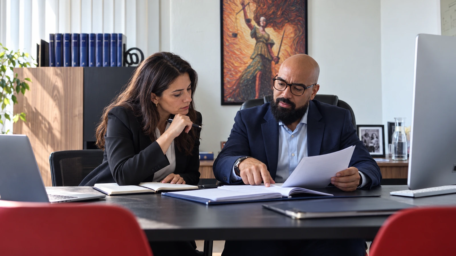 Abogados revisando estrategia y documentos durante una colaboración jurídica