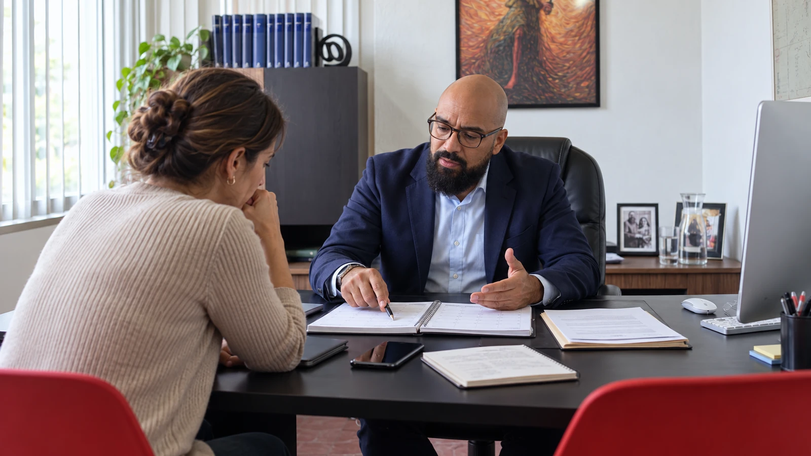 Abogado revisando fechas y documentos con una cliente durante una consulta sobre convivencias familiares